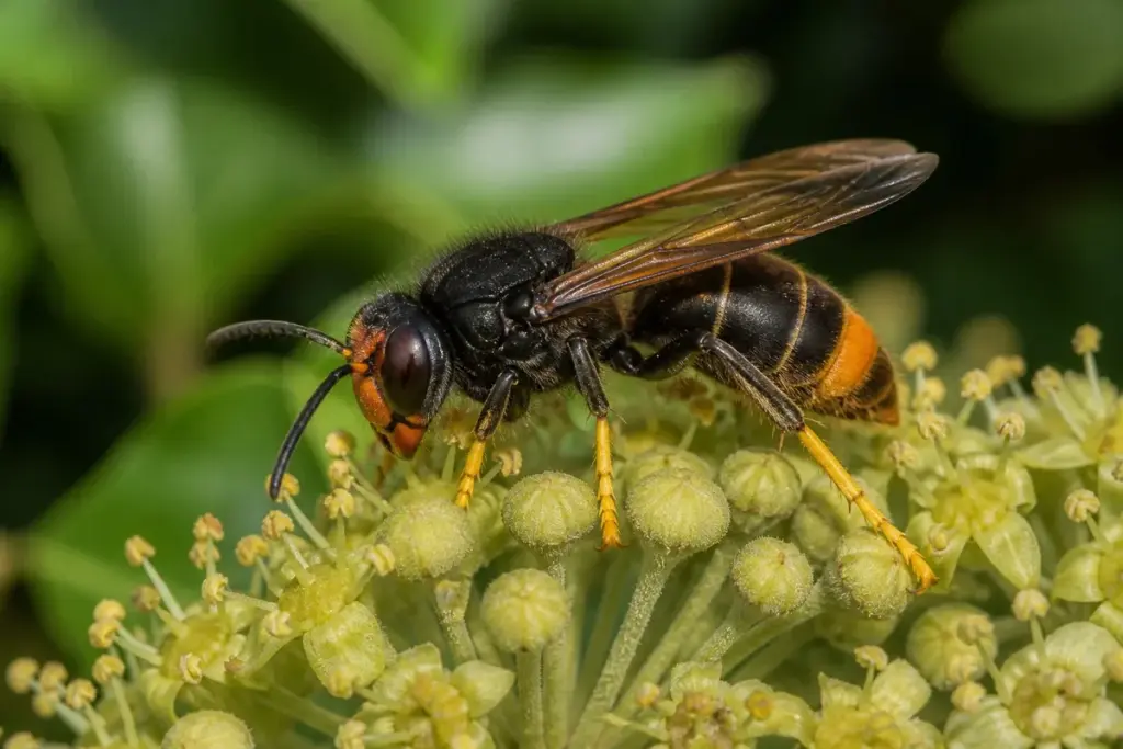 Asiatische Hornisse Vespa velutina mit schwarzem Brustabschnitt, gelben Beinenden und orangem Band am Hinterleib auf einer Efeubluete